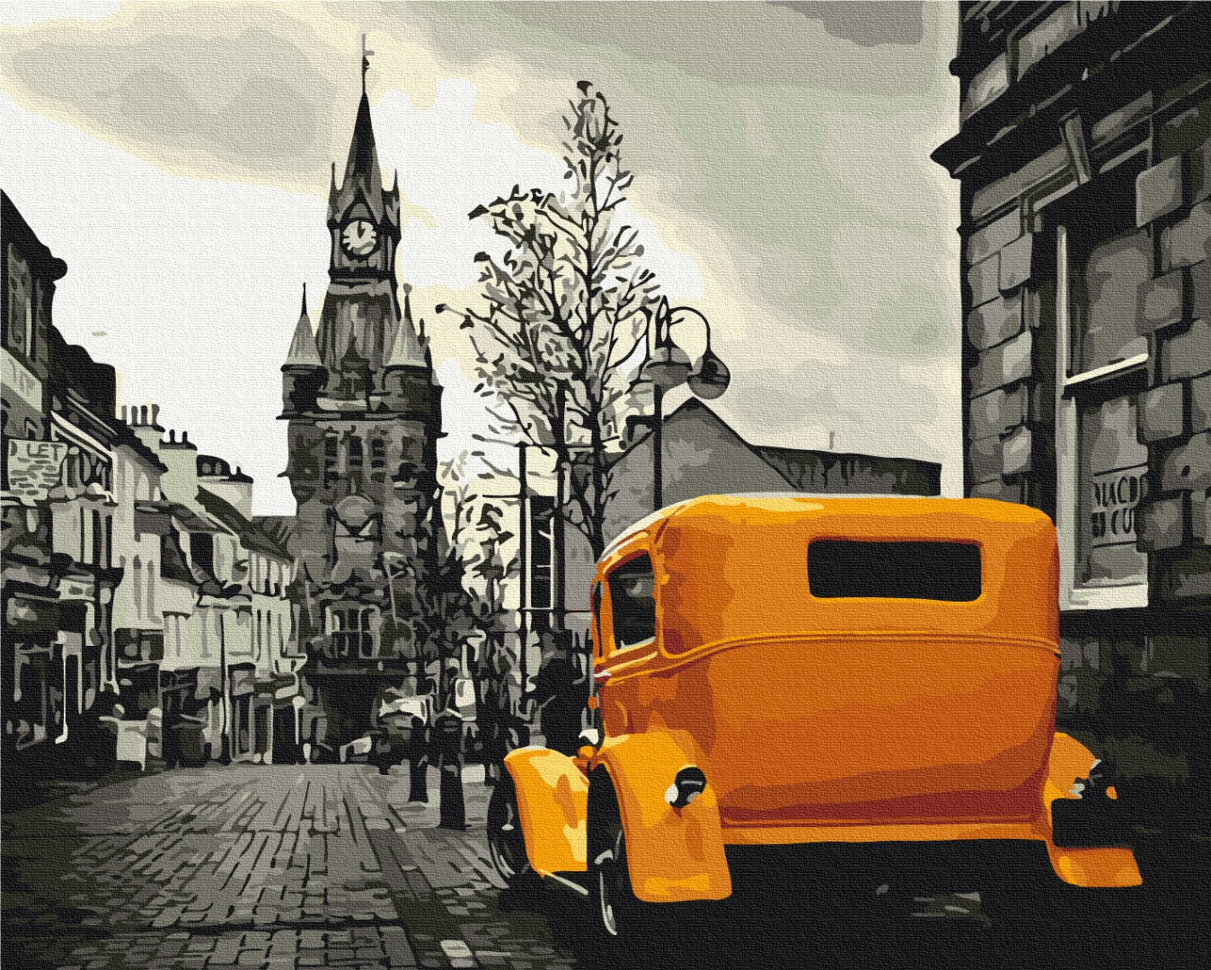 Bright orange vintage car parked on a grayscale street beneath a Victorian clock tower