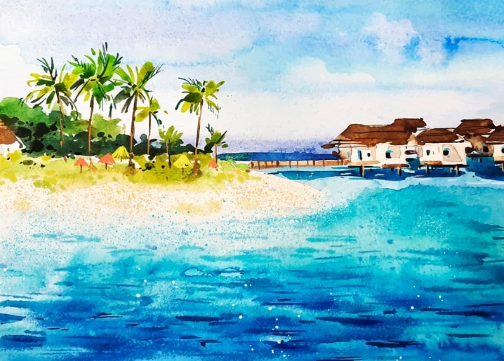 Watercolor tropical beach with overwater bungalows and palm trees