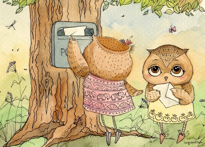 Illustrated postcard of two owls mailing a letter at a mailbox mounted on a tree trunk