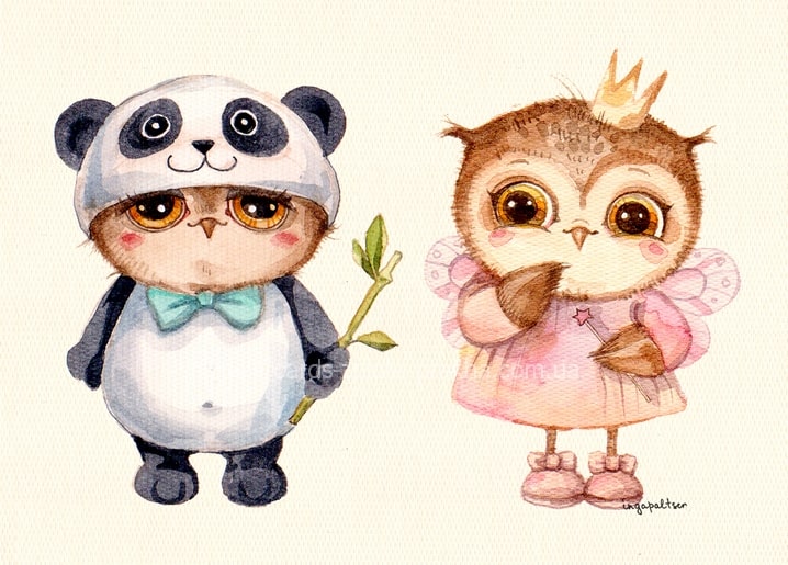 Watercolor cat in a panda costume with bamboo beside an owl dressed as a fairy princess