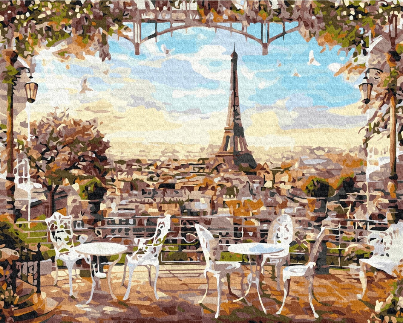 Paint-by-numbers view of a Paris café terrace with the Eiffel Tower in autumn