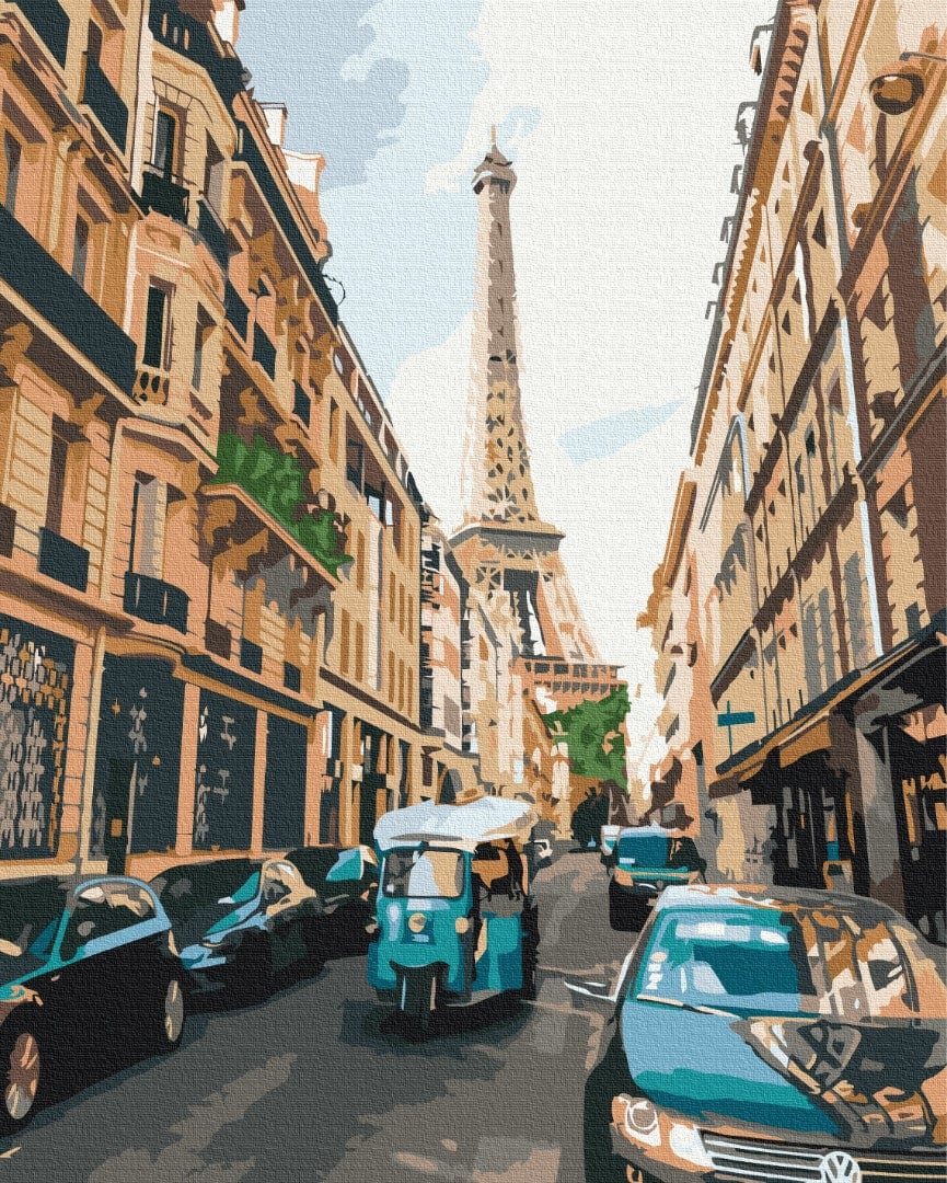 Teal tuk-tuk and parked cars on a narrow Paris street with the Eiffel Tower in the distance