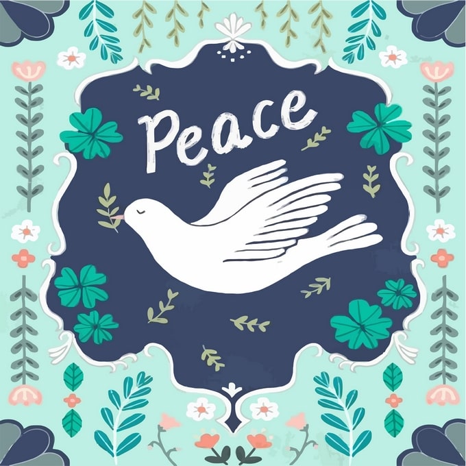Weiße Taube mit Ölzweig in einem floralen Rahmen mit dem Wort Peace, türkis-koralle Wyschywanka-Bordüre