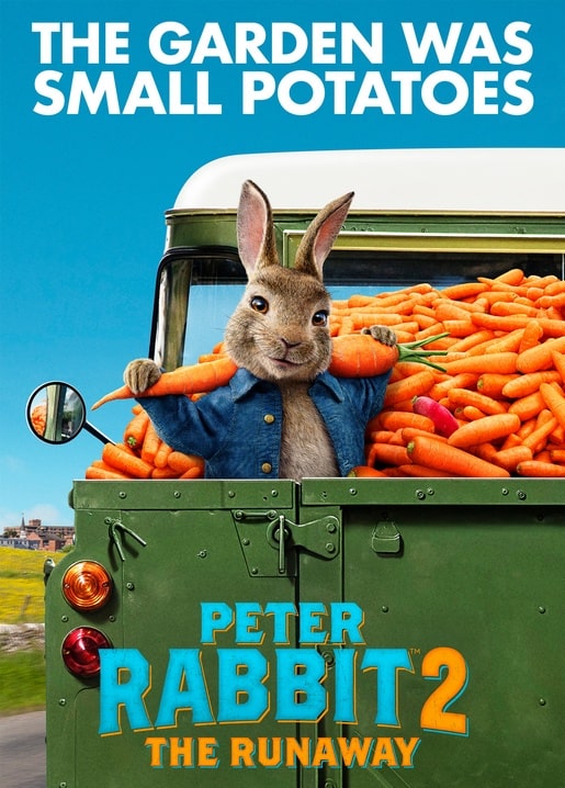 Peter-Rabbit-2-Plakat: Peter sitzt auf einer Ladefläche voller Karotten