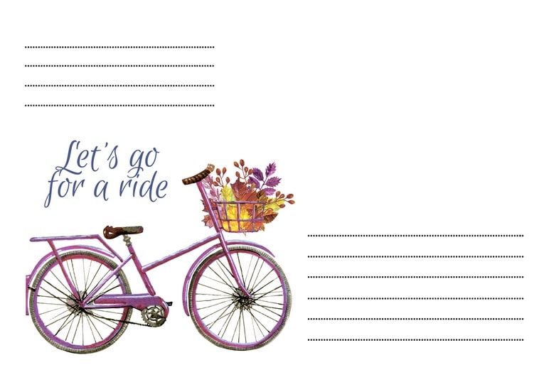 Rosa Aquarell-Fahrrad mit Herbstlaub-Korb und Schriftzug „Let's go for a ride“ auf Umschlag