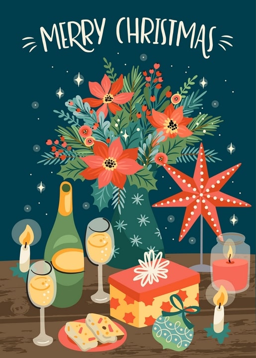 Weihnachtspostkarte mit Weihnachtsstern-Strauß, Champagner und Geschenk bei Kerzenlicht