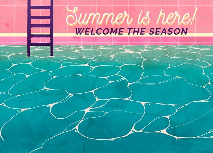Pool ladder in turquoise water with ‘Summer Is Here’ lettering on pink tiles