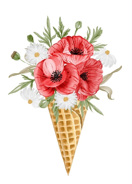 Watercolor bouquet of red poppies and white daisies in an ice cream waffle cone