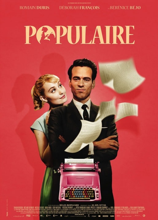 Populaire film postcard with Romain Duris, Déborah François, and pink typewriter