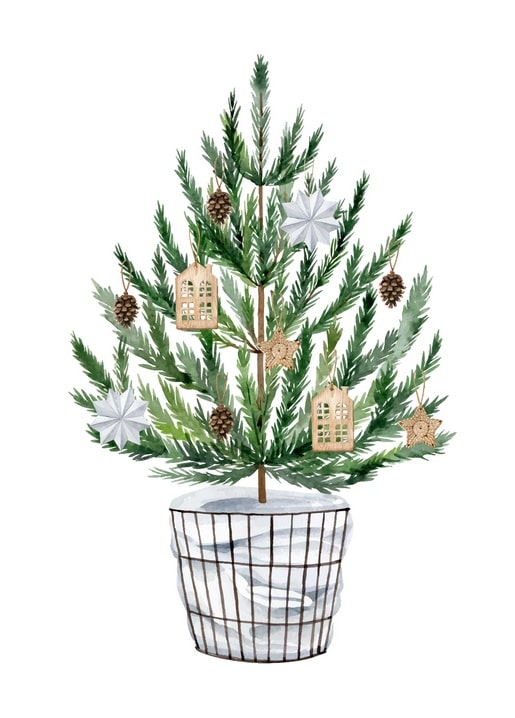 Aquarellillustration eines Tannenbaums im Drahtkorb mit Zapfen und Holzanhängern