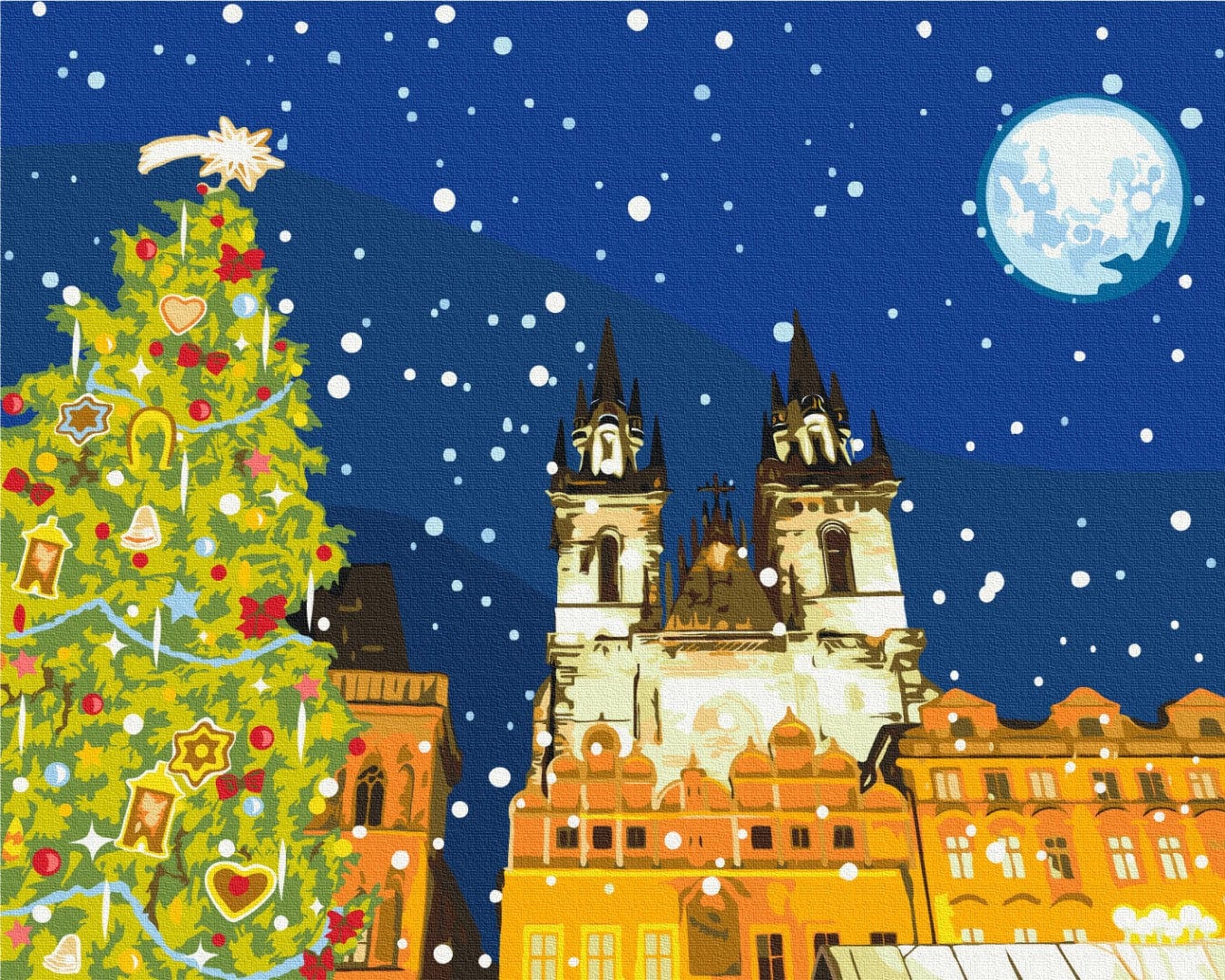Malen-nach-Zahlen-Stadtbild mit Türmen der Teynkirche, Weihnachtsbaum und Vollmond im Schneefall