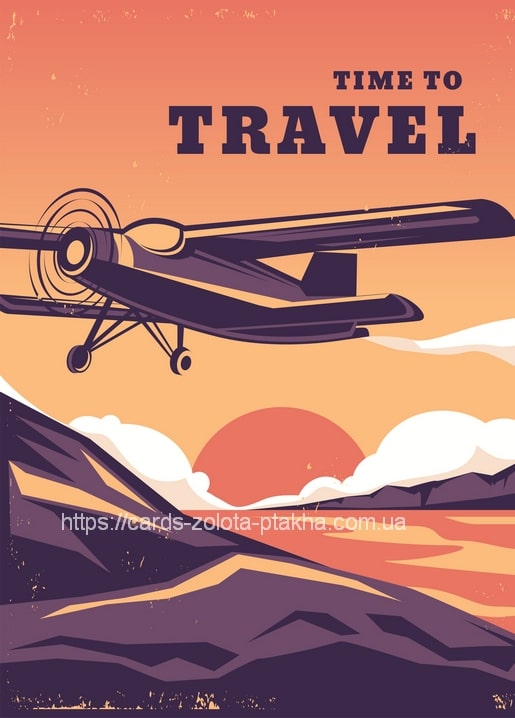 Vintage-Illustration eines kleinen Propellerflugzeugs über Bergen bei Sonnenuntergang
