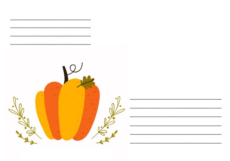 Illustrierter orangefarbener Kürbis mit geschwungenem Stiel zwischen Herbstzweigen auf einem C6-Umschlag