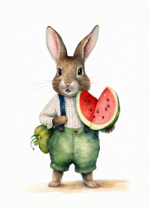 Watercolor rabbit boy in overalls holding a watermelon half and a yellow squash