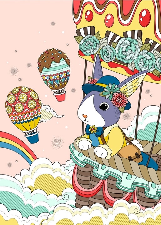 Doodle-Illustration eines Hasen mit Blumenhut in einem Kuchen-Heißluftballon über Wolken und Regenbogen