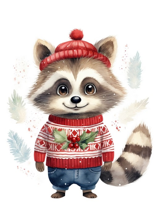 Aquarell-Illustration eines Waschbären mit roter Bommelmütze und Stechpalmen-Pullover