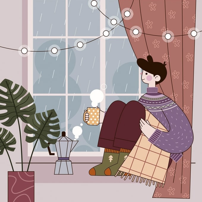 Person wrapped in a plaid blanket on a windowsill with coffee, moka pot, and a monstera plant as rain falls