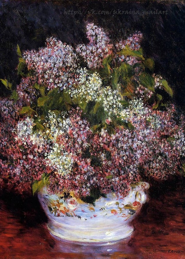 Dense sprays of pink, white and pale-violet lilac blossoms in a hand-decorated white porcelain bowl on a dark background — Renoir "Bouquet of Lilacs" (1875), Renoir postcard.