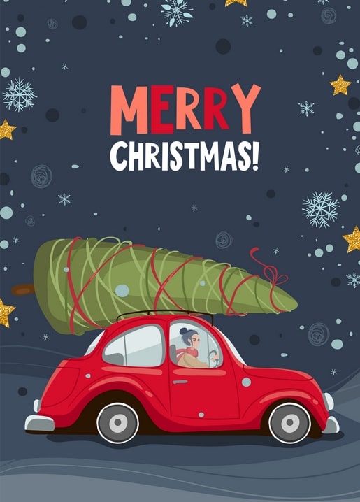 Red car carrying a Christmas tree on its roof at night, with “Merry Christmas!” text and stars