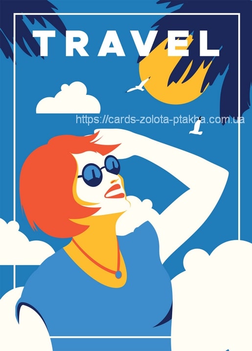 Illustrierte Retro-Postkarte einer rothaarigen Frau mit Sonnenbrille vor goldener Sonne