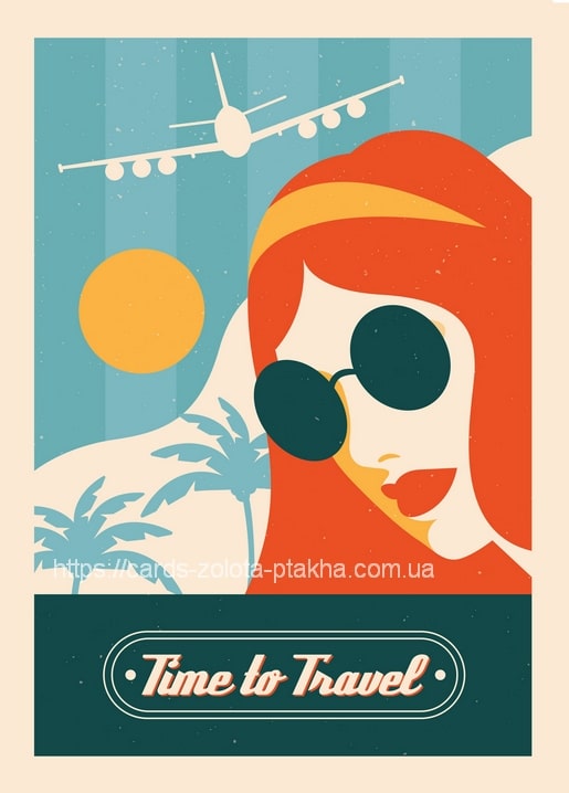 Rothaarige Frau mit Sonnenbrille unter einem Flugzeug, Sonne und Palmen im Vintage-Postergrafikstil