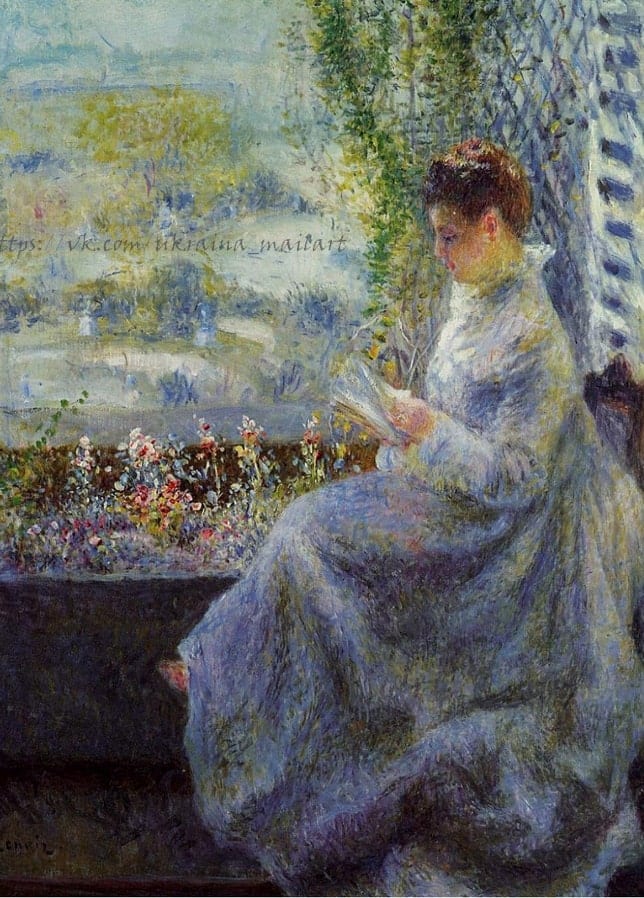 Impressionist painting of a woman reading a book on a vine-covered terrace
