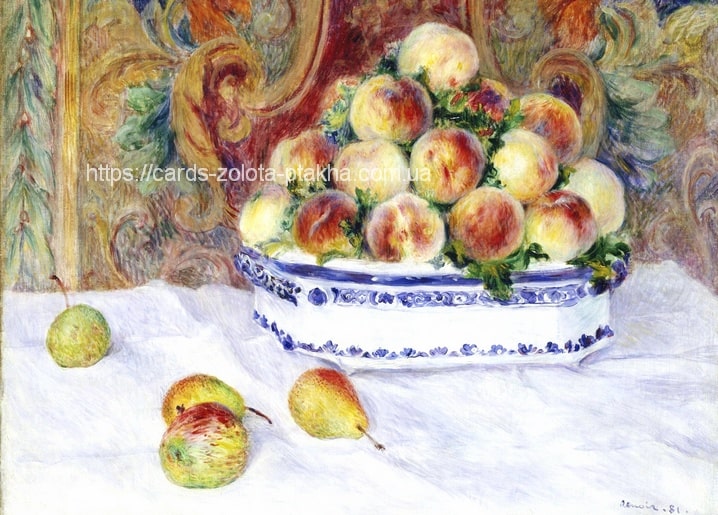 Renoir's 1881 still life with peaches in a blue-and-white bowl and pears on white cloth