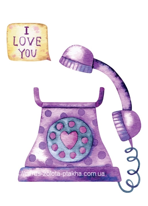 Violettes Retro-Telefon mit Herz-Wählscheibe und gelber Sprechblase „Ich liebe dich“