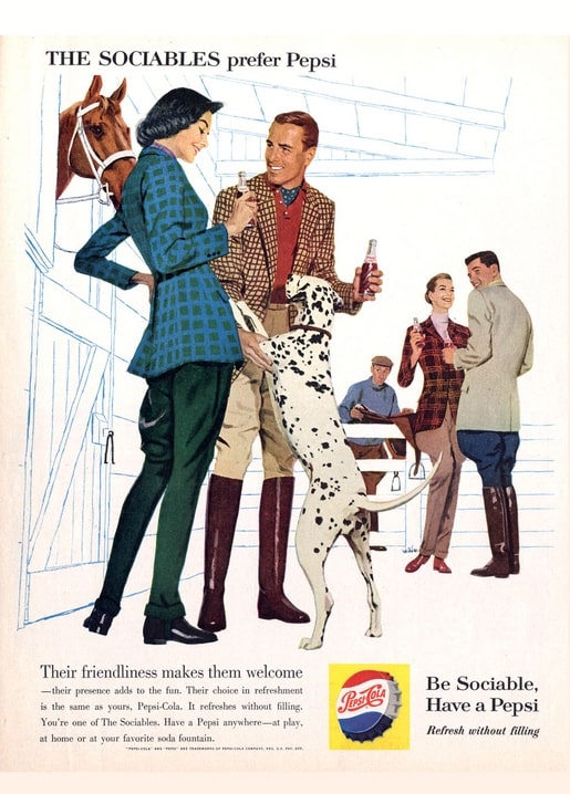 1950s Pepsi-Cola ad showing riders in tweed with a dalmatian and horse outside a stable
