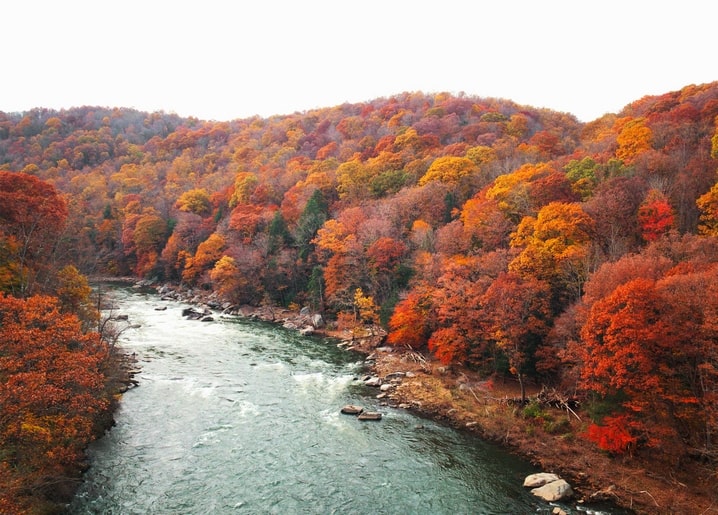 Aerial view of a river winding between hills covered in red and orange autumn forest