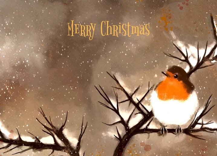 European robin on a snowy branch with a painted Merry Christmas greeting