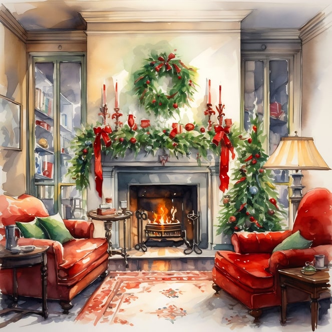 christmas room watercolor postcards