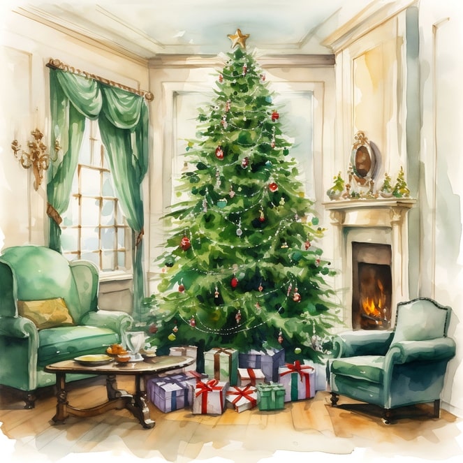 christmas room watercolor postcards