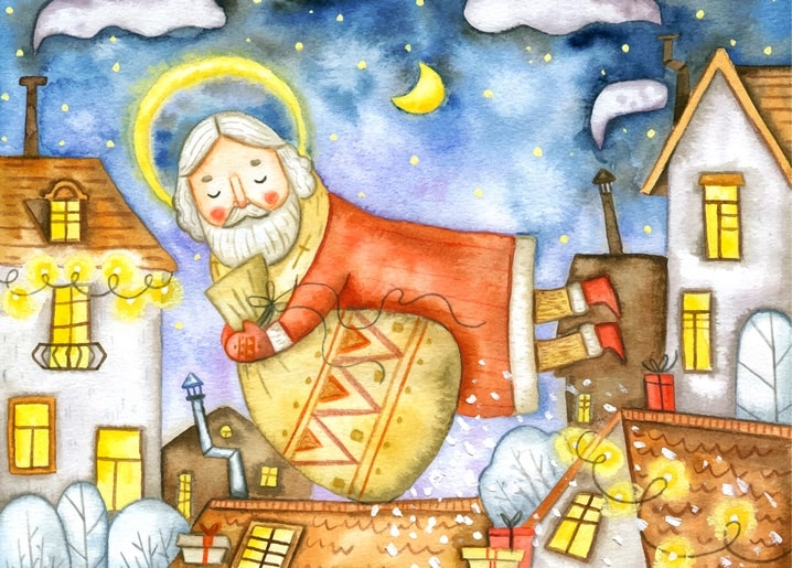 Heiliger Nikolaus mit Heiligenschein fliegt nachts über eine verschneite Stadt