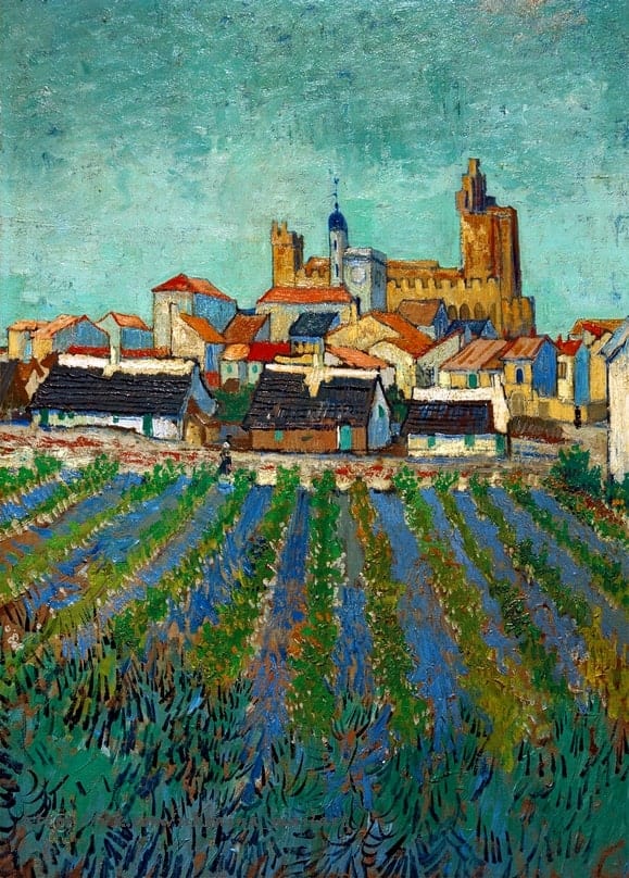 Van Goghs Blick auf Saintes-Maries-de-la-Mer — weiße Häuser und rote Dächer unter türkisfarbenem Himmel