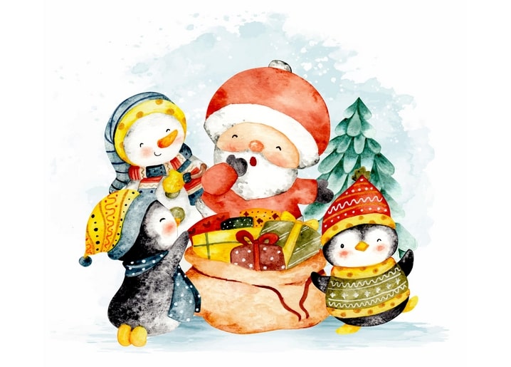 Weihnachtsmann hinter einem Geschenksack, mit einem Schneemann und zwei Pinguinen in Mützen