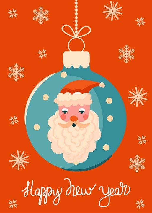 Illustration of Santa Claus's face inside a hanging teal ornament on an orange background