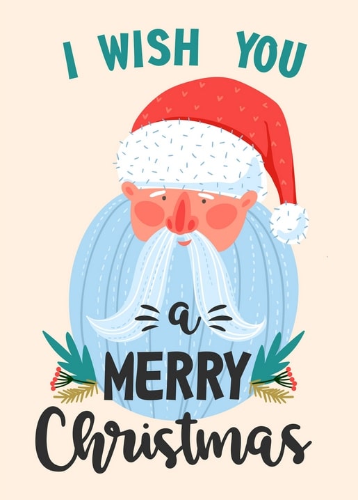 Illustrierter Weihnachtsmann mit türkisfarbenem Bart, roter Mütze und Stechpalme, Weihnachtskarte
