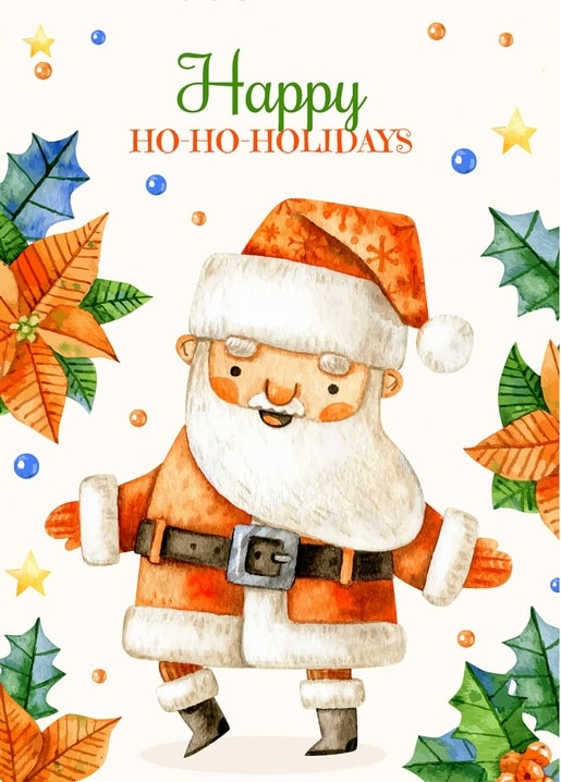 Aquarell-Weihnachtsmann mit offenen Armen umgeben von Weihnachtsstern und Stechpalmenzweigen