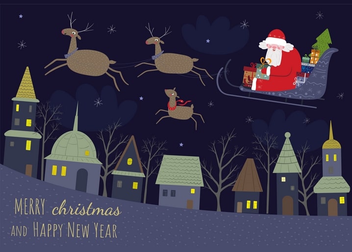 Santa Claus flying a sleigh with three reindeer over a snowy nighttime village