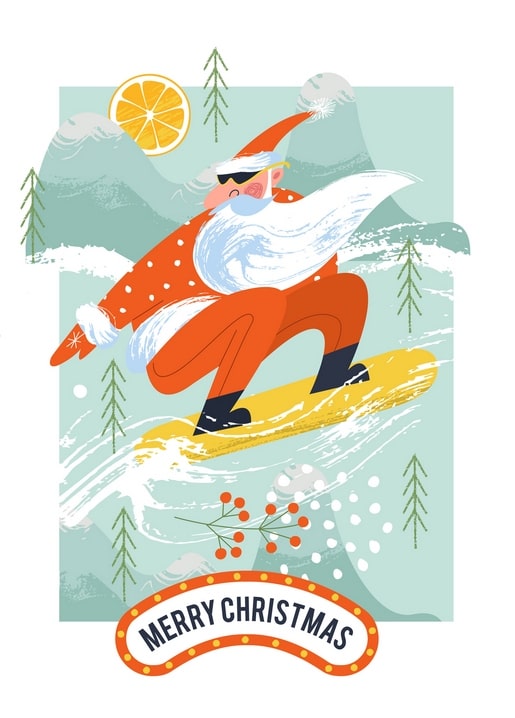 Illustrated Santa Claus snowboarding down a mountain past pine trees, with an orange slice overhead