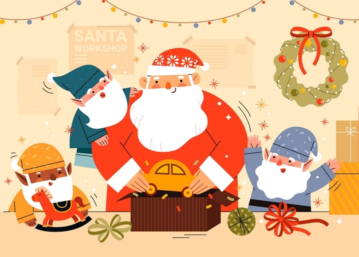 Santa packing a wooden toy car as elves gather around with a rocking horse and gifts