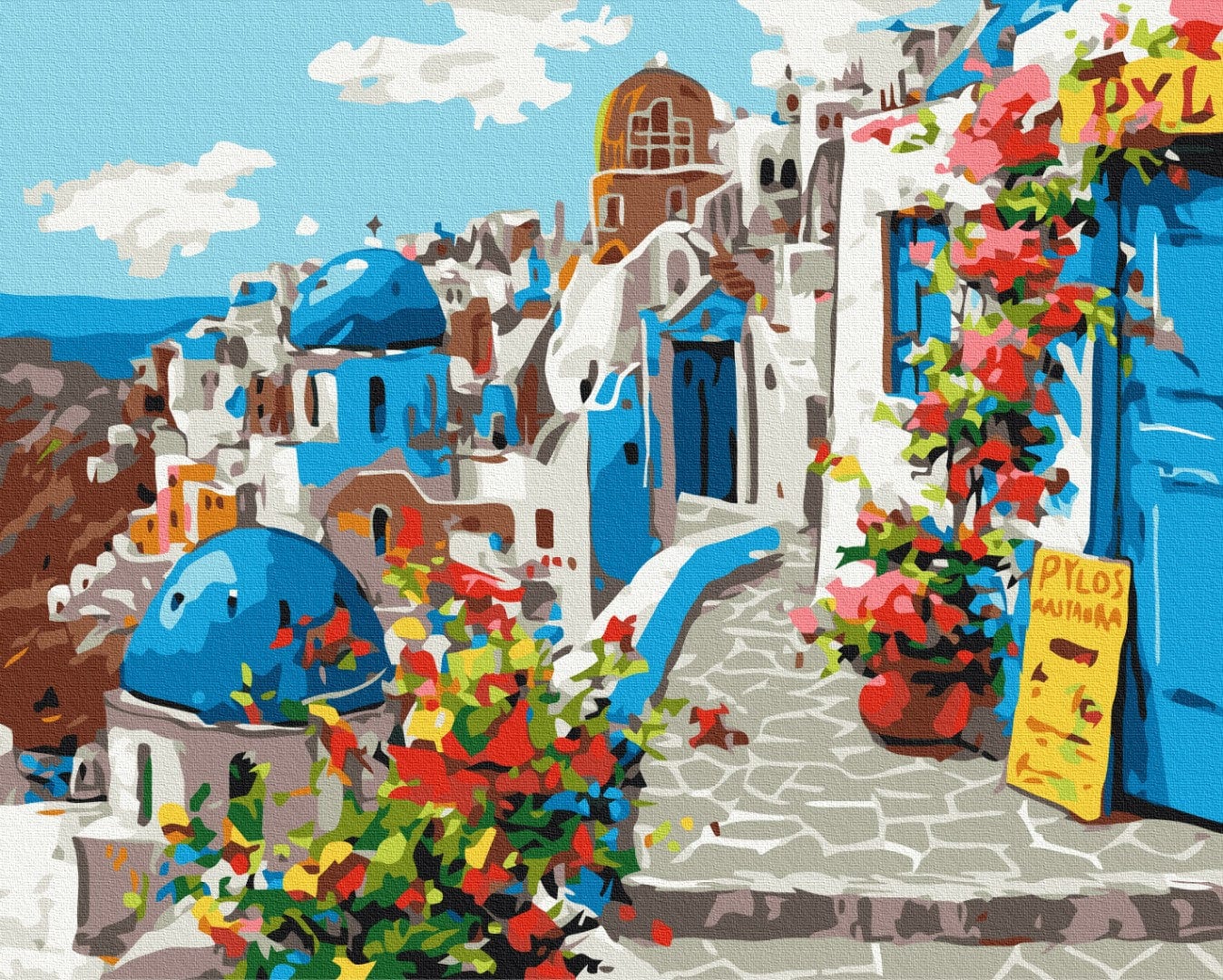 Illustrated paint-by-numbers street scene of blue domes and flowers in Santorini, Greece