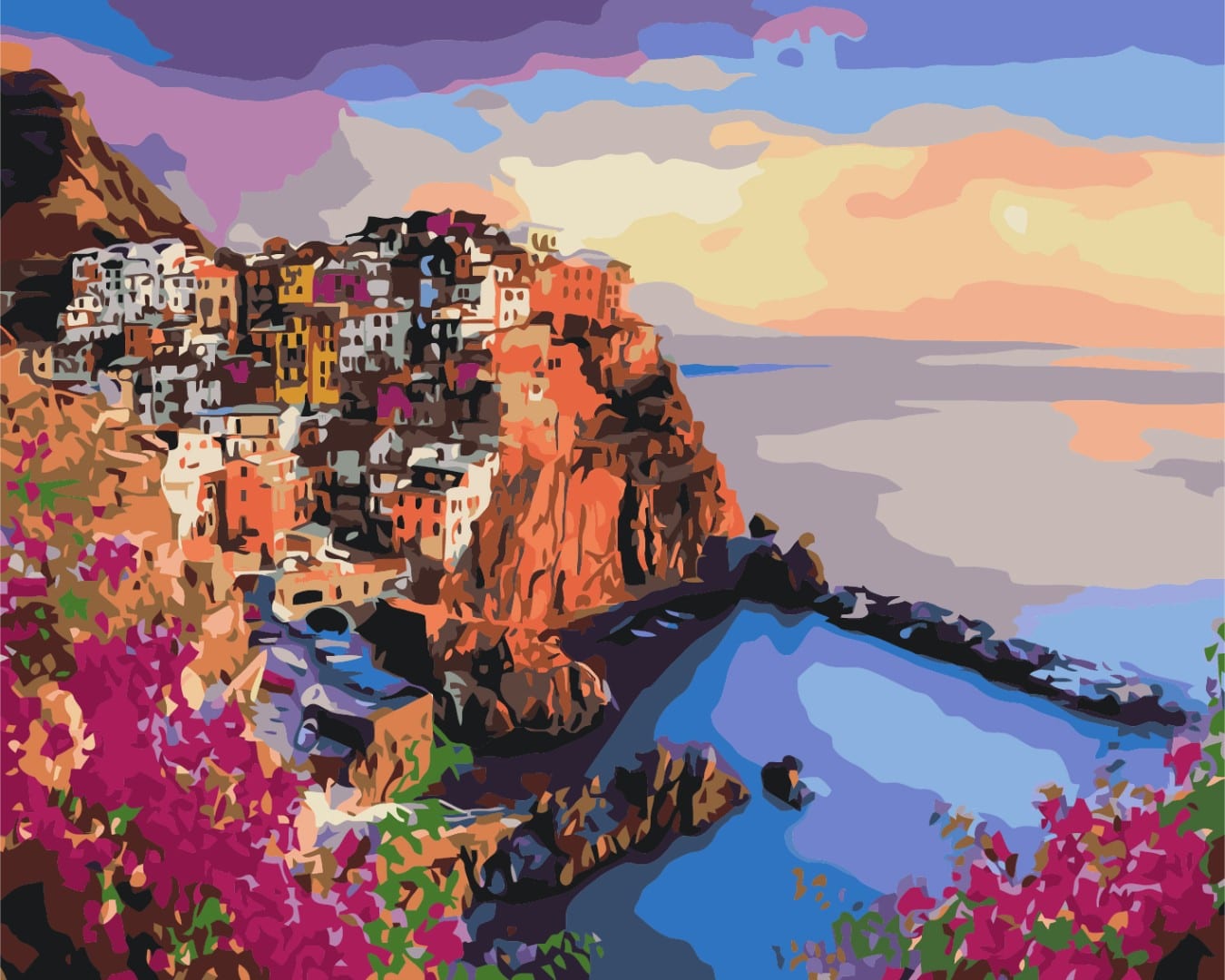 Paint-by-numbers scene of a Sicilian cliffside village at sunset with pink bougainvillea in the foreground
