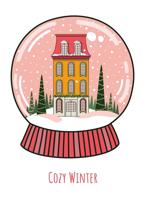 Snow globe with a glowing orange townhouse and lit pine trees inside