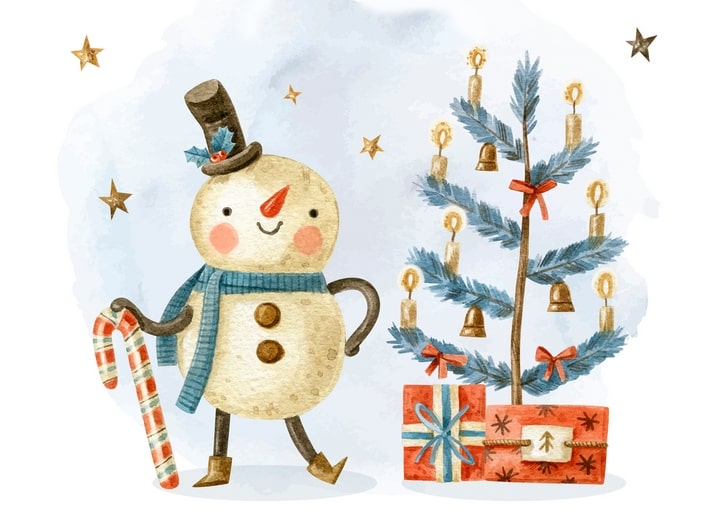 Schneemann mit Zuckerstangen neben einem geschmückten blauen Weihnachtsbaum