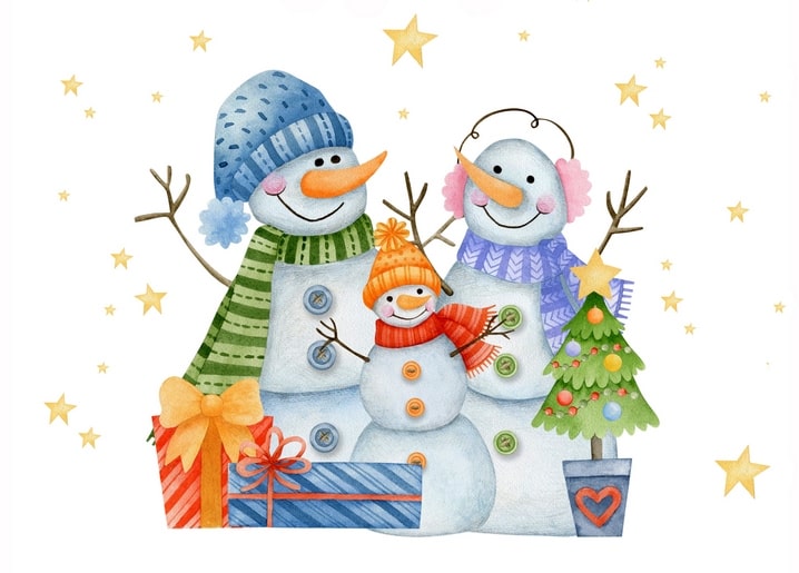 Акварельна родина сніговиків у шапках з подарунками та ялинкою в горщику під зірками