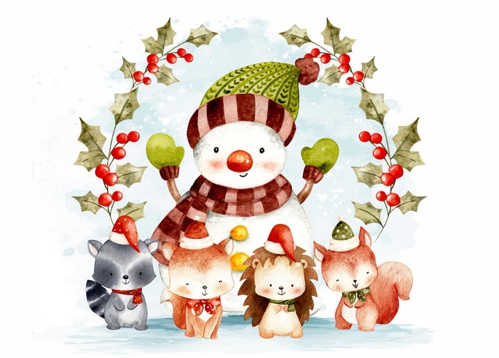 Aquarell-Schneemann im Stechpalmenkranz mit Waschbär, Fuchs, Igel und Eichhörnchen