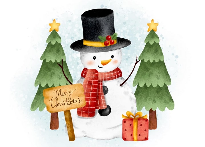 Schneemann im Zylinder mit Weihnachtsschild zwischen zwei sternengeschmückten Tannen