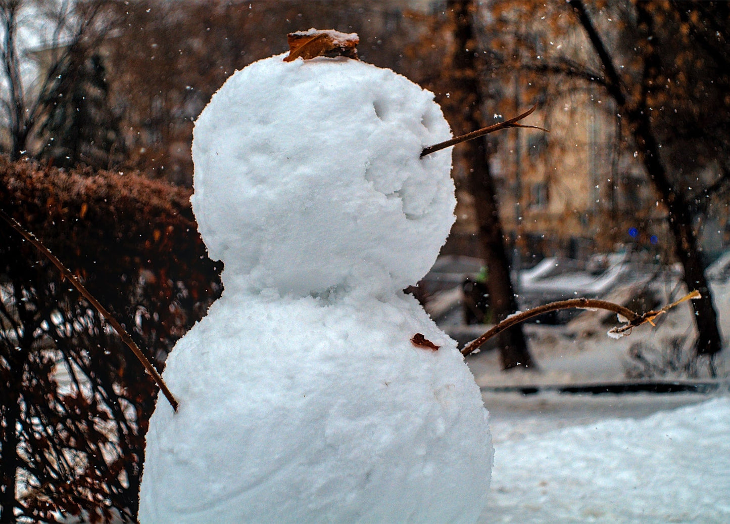 Schneemann mit Zweigen als Armen und Blatt als Gesicht im Schneetreiben